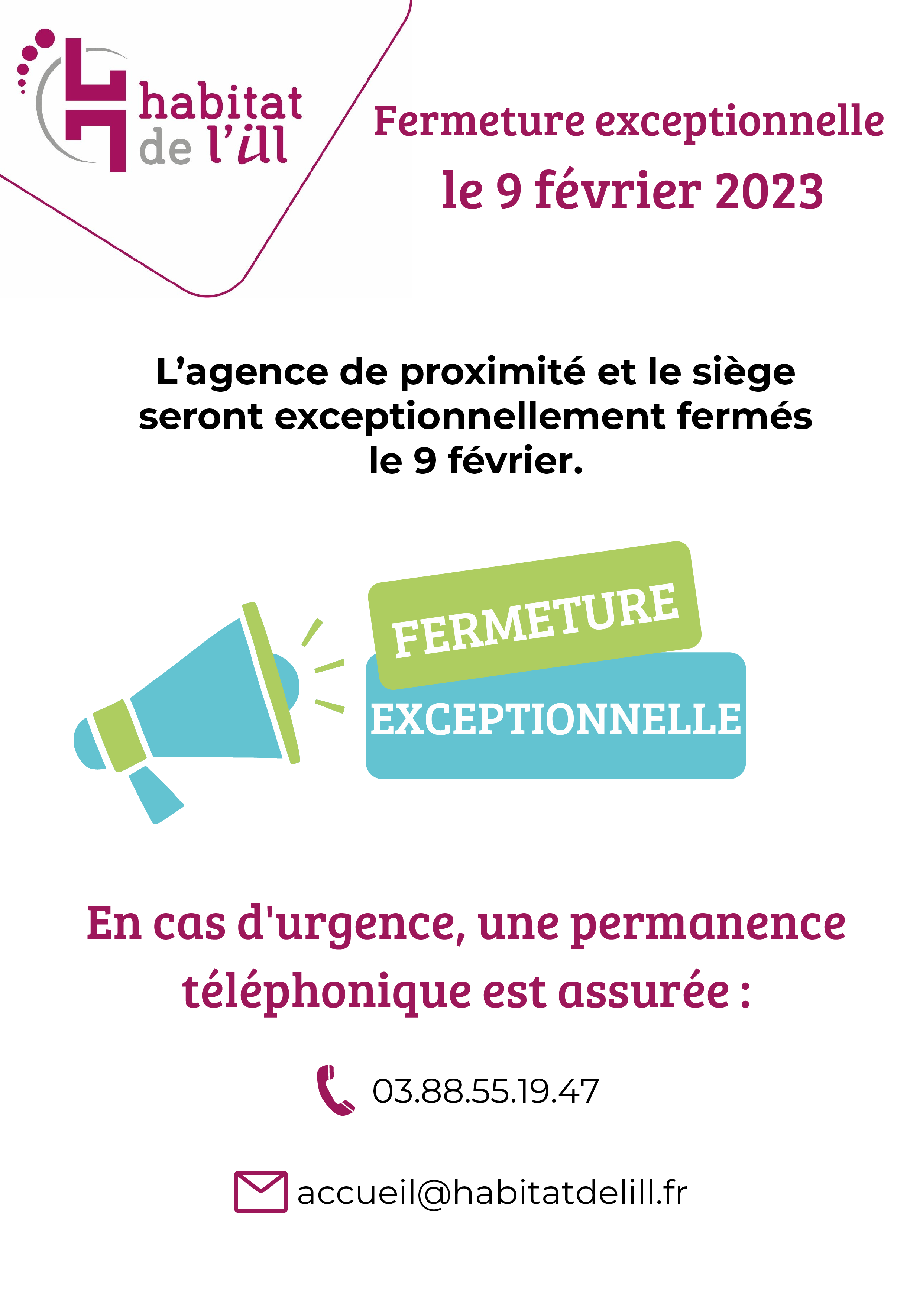 Fermeture exceptionnelle de l'agence et du siège le 9 février